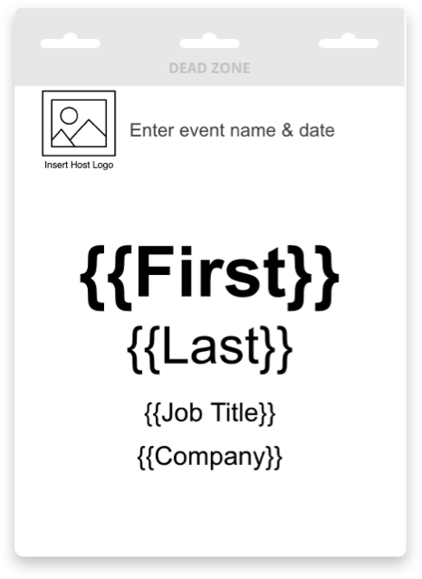 Blank conference name badge template with editable attendee name fields, logo placeholder and event details