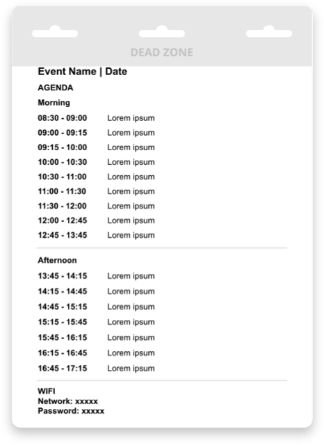 Blank back-of-badge template with full agenda layout, event details and session times