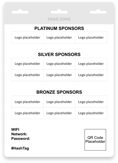 Blank back-of-badge template with large sponsor logo grid, QR code placeholder and disposal instructions