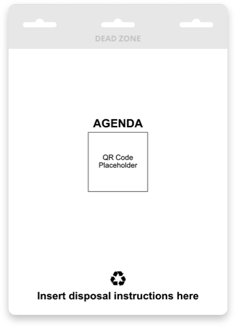 Blank back-of-badge template with QR code placeholder and disposal instructions for event name tags