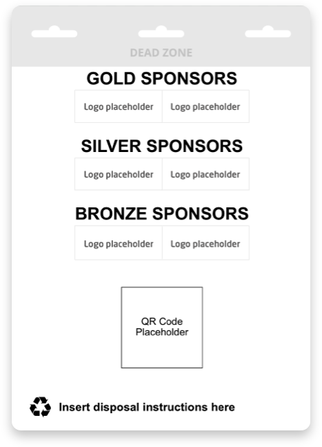 Blank back-of-badge template with small sponsor logo grid, QR code placeholder and disposal instructions