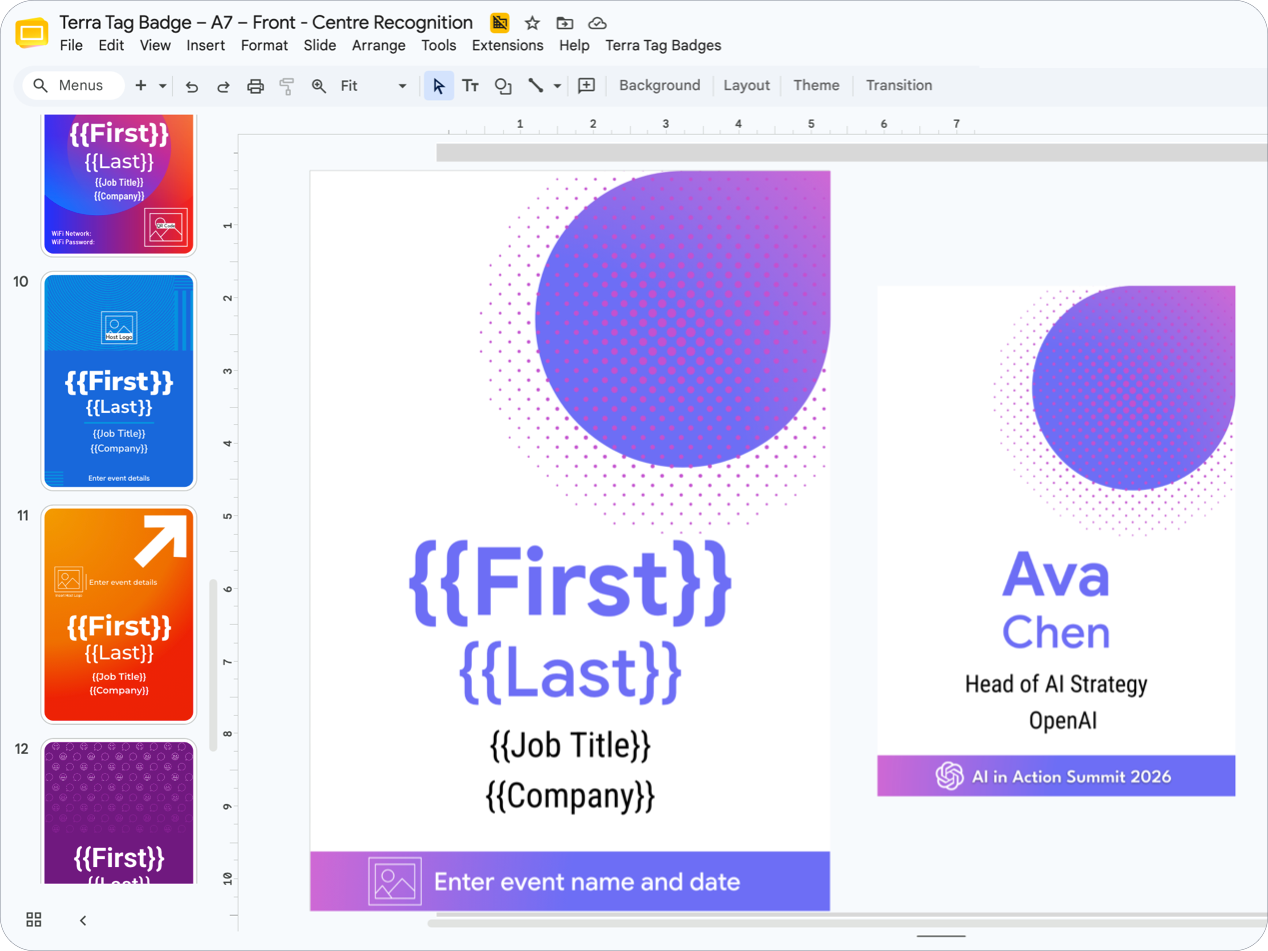 The Conference Name Badge Design Kit includes badge templates, a guest merge workflow, a print layout workflow, and a six-step production manual