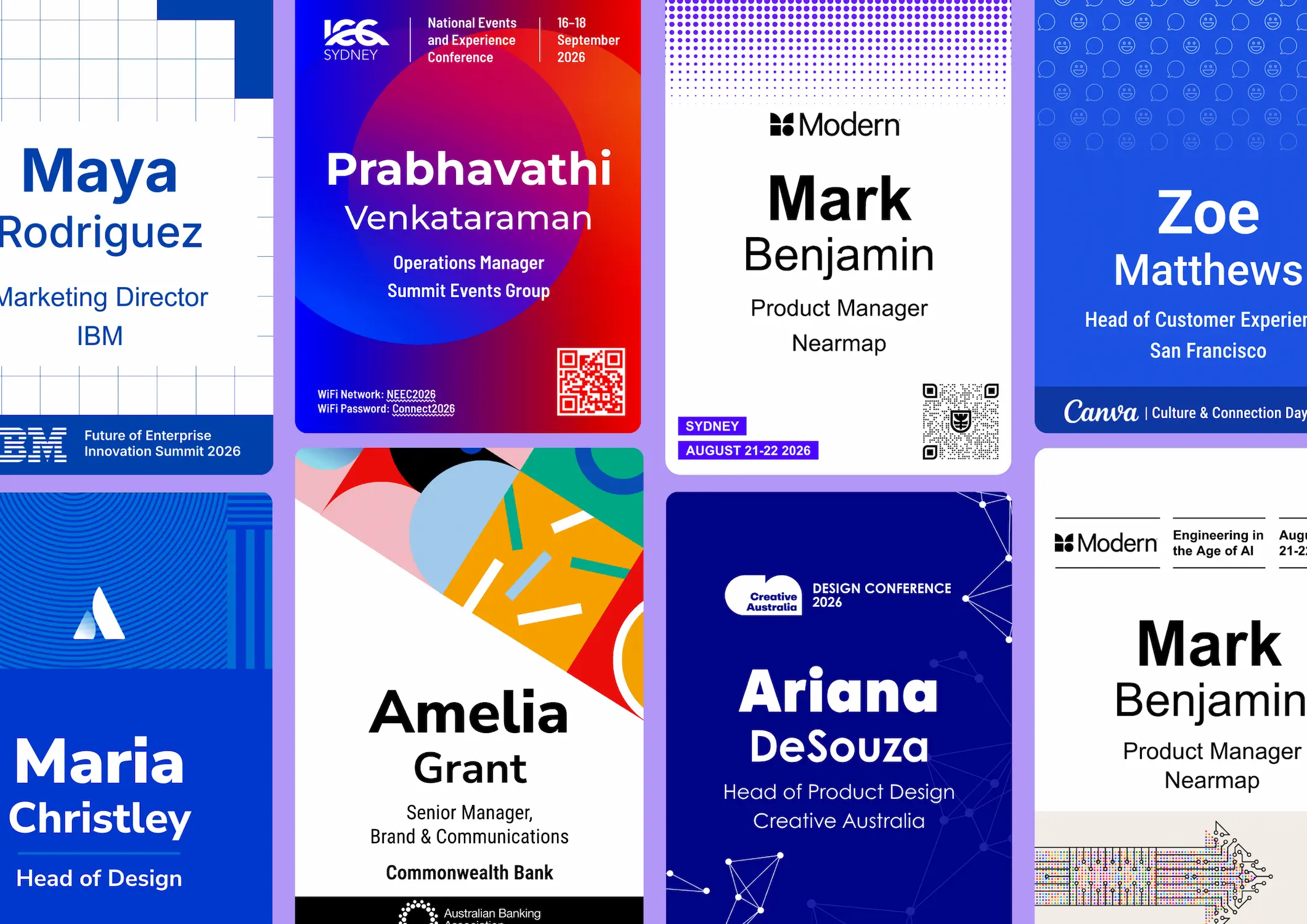 Google Slides conference name badge template alongside a merged guest badge and a print-ready layout sheet, produced with the Terra Tag Conference Name Badge Design Kit