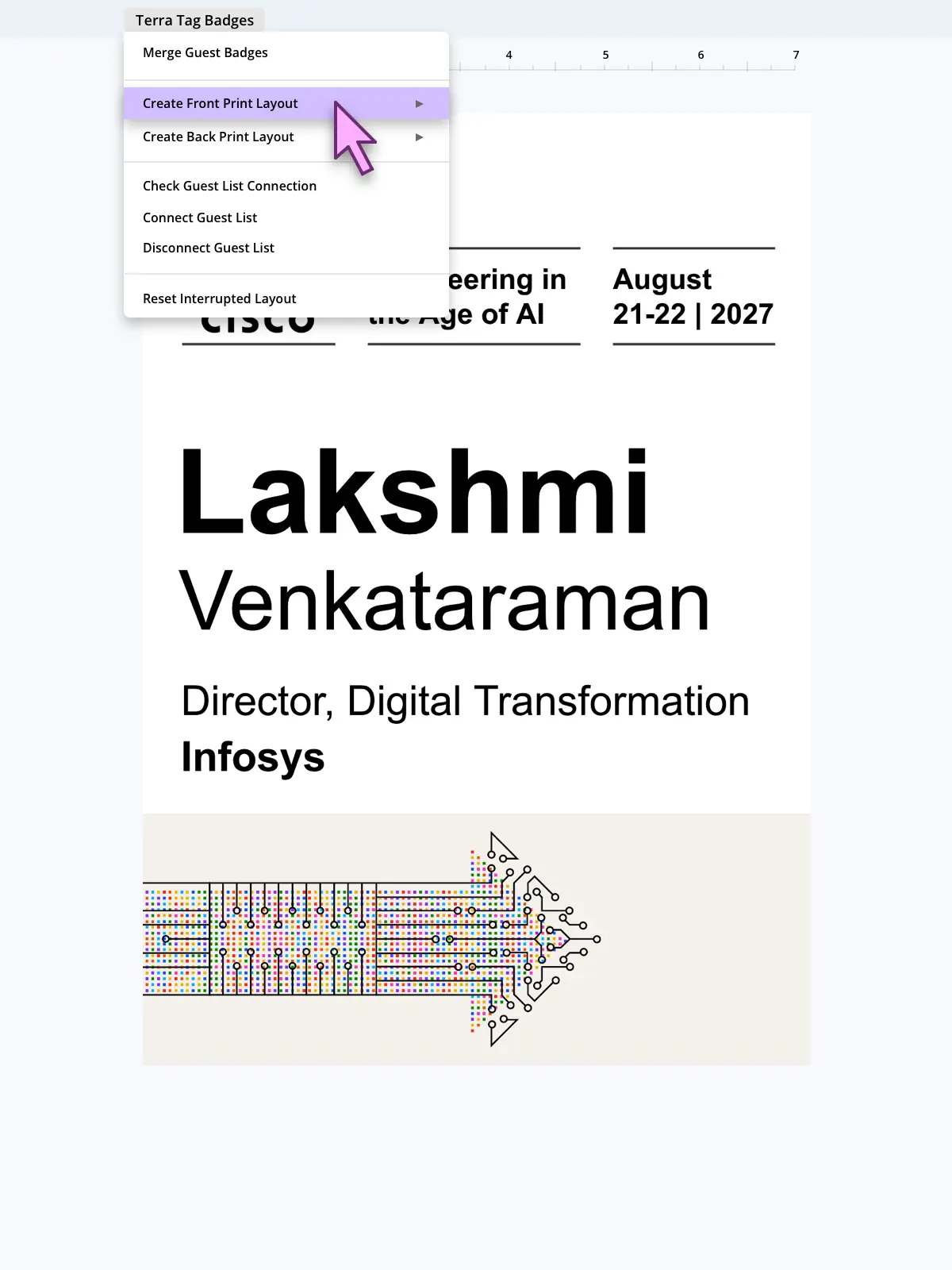 Google Slides menu showing the Terra Tag print layout tool for conference name badges