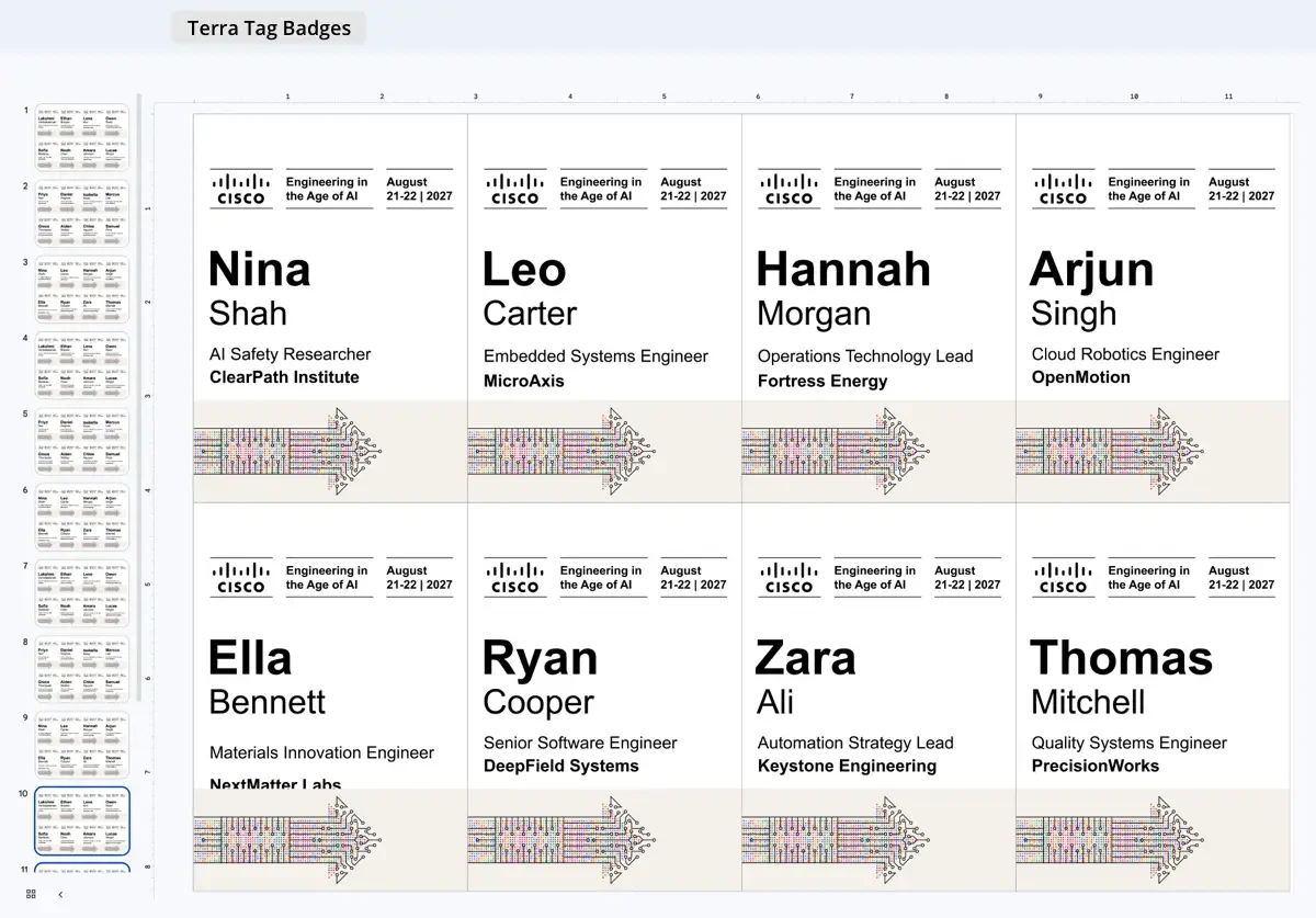 Print-ready conference name badge layout showing A7 badges arranged on an A4 sheet, ready for home, office, or professional printing