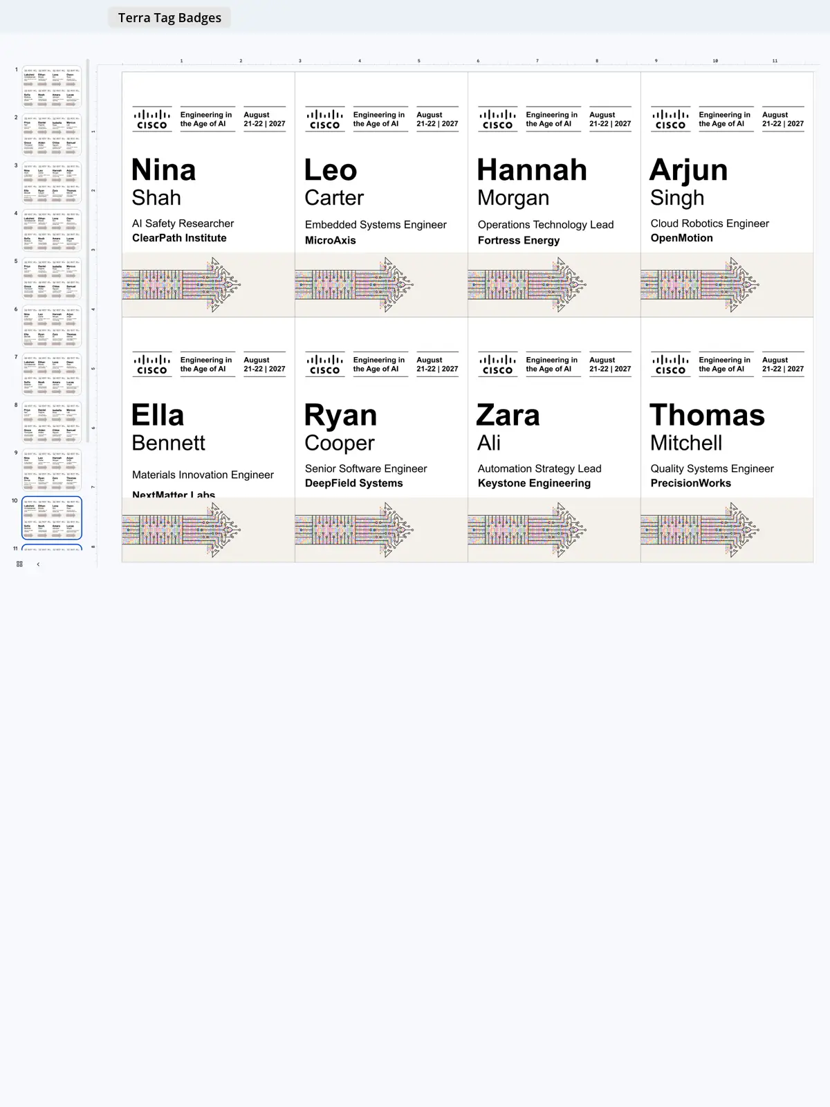 Print-ready conference name badge layout sheet created automatically in Google Slides