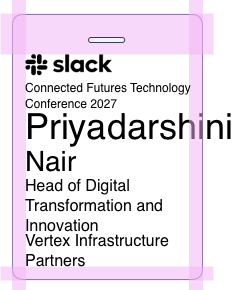 Conference name badge template showing a long attendee name, job title and company name causing layout challenges during badge production