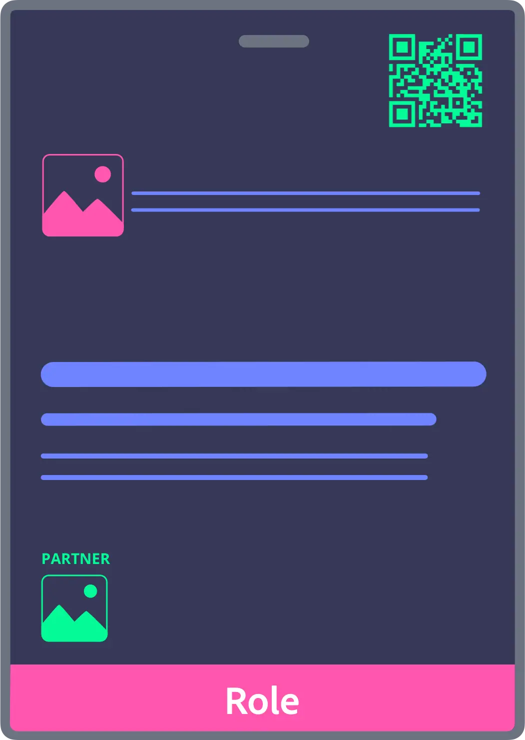 Large conference name badge layout with extra space for QR codes, agendas or multiple logos