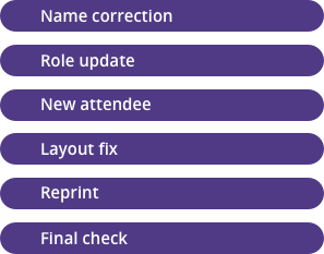 Manual conference badge production process showing repetitive formatting and print preparation tasks that increase production risk