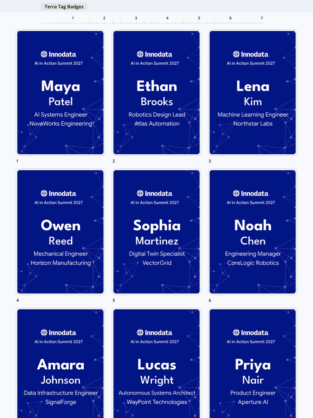 Merged conference name badges in Google Slides with one finished badge created for each guest