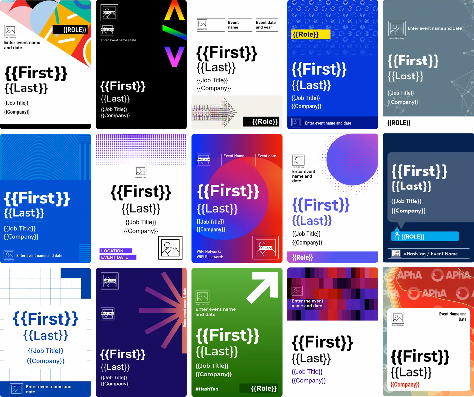 Gallery of 15 professional conference name badge design templates with editable attendee names, roles, company details and event branding