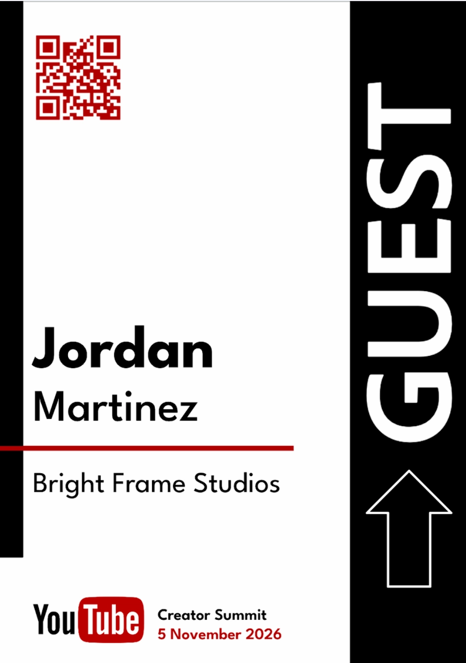 Black and white conference name badge with a vertical guest band, QR code and red accent line