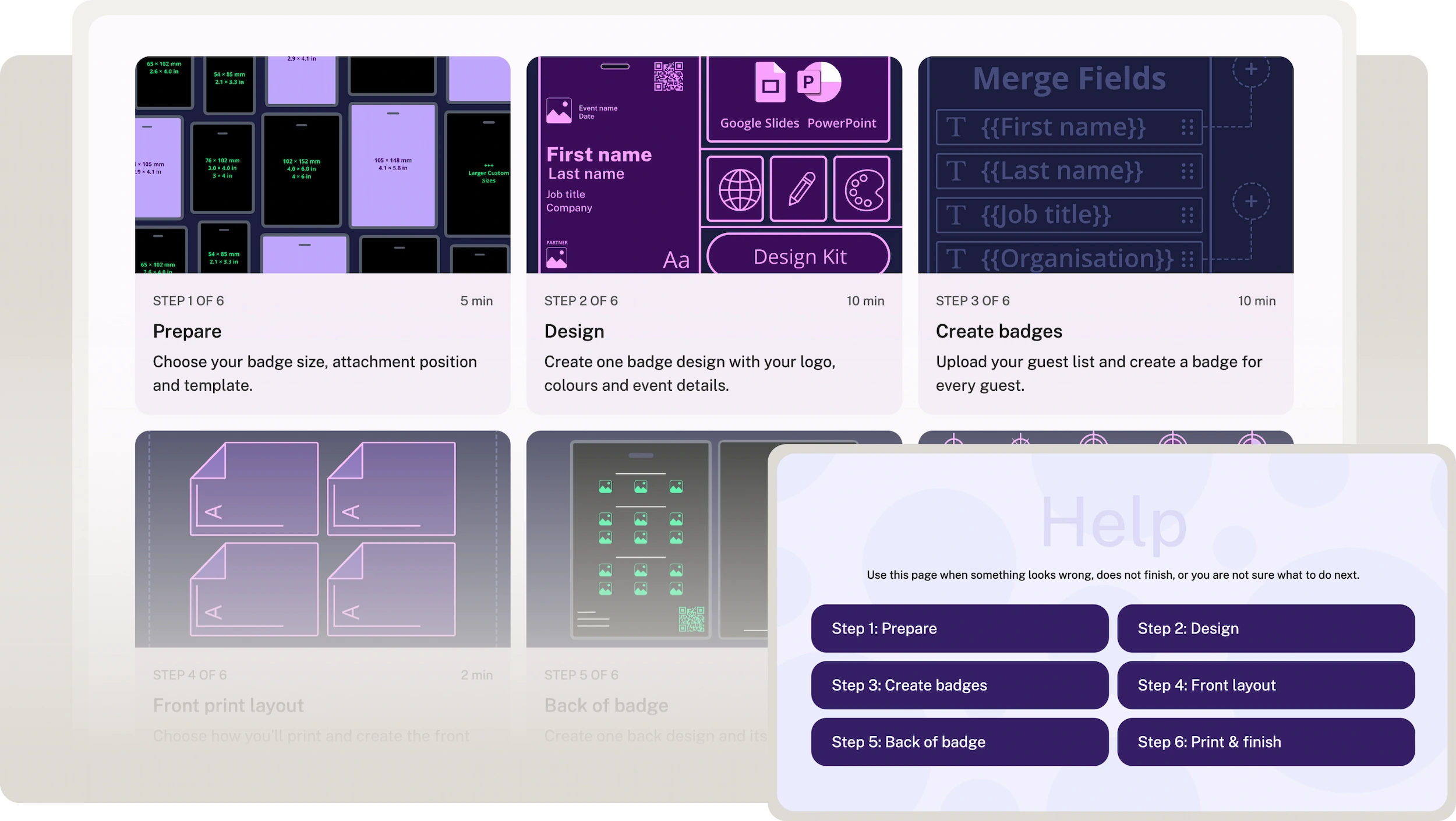 Six-step guide and Help page for making conference badges