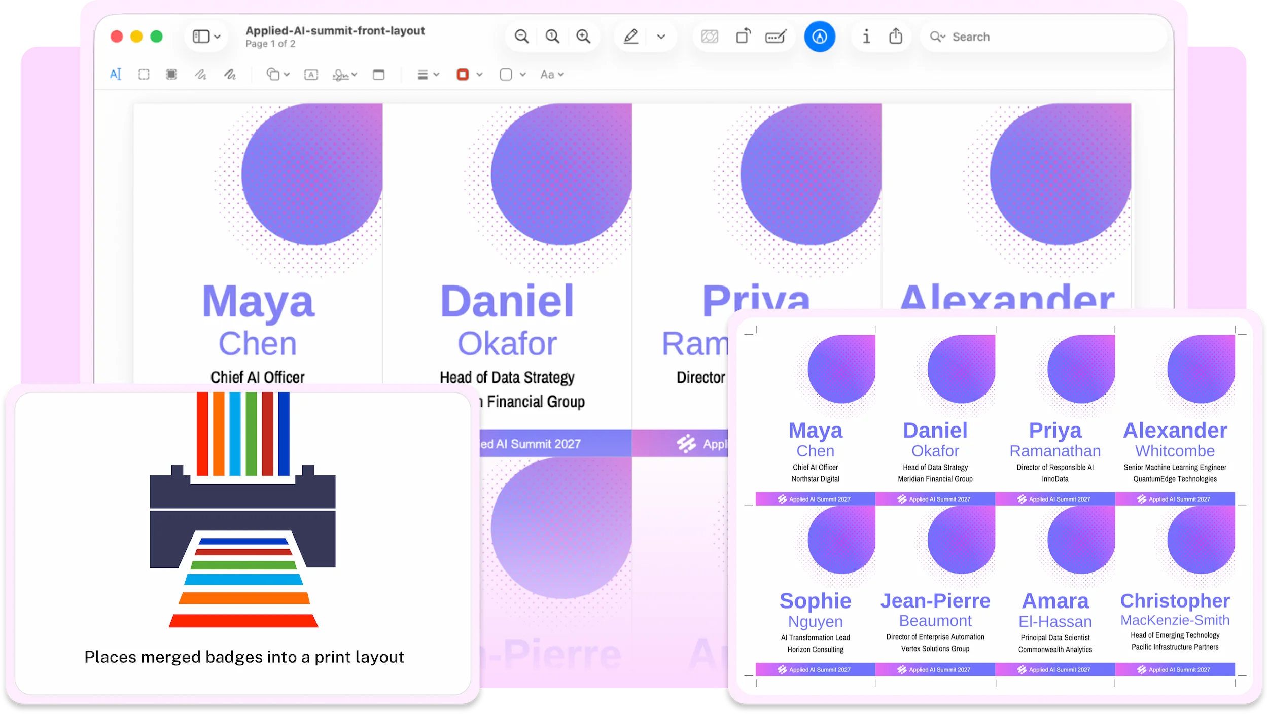 Front and back conference badge print layouts arranged on printable sheets