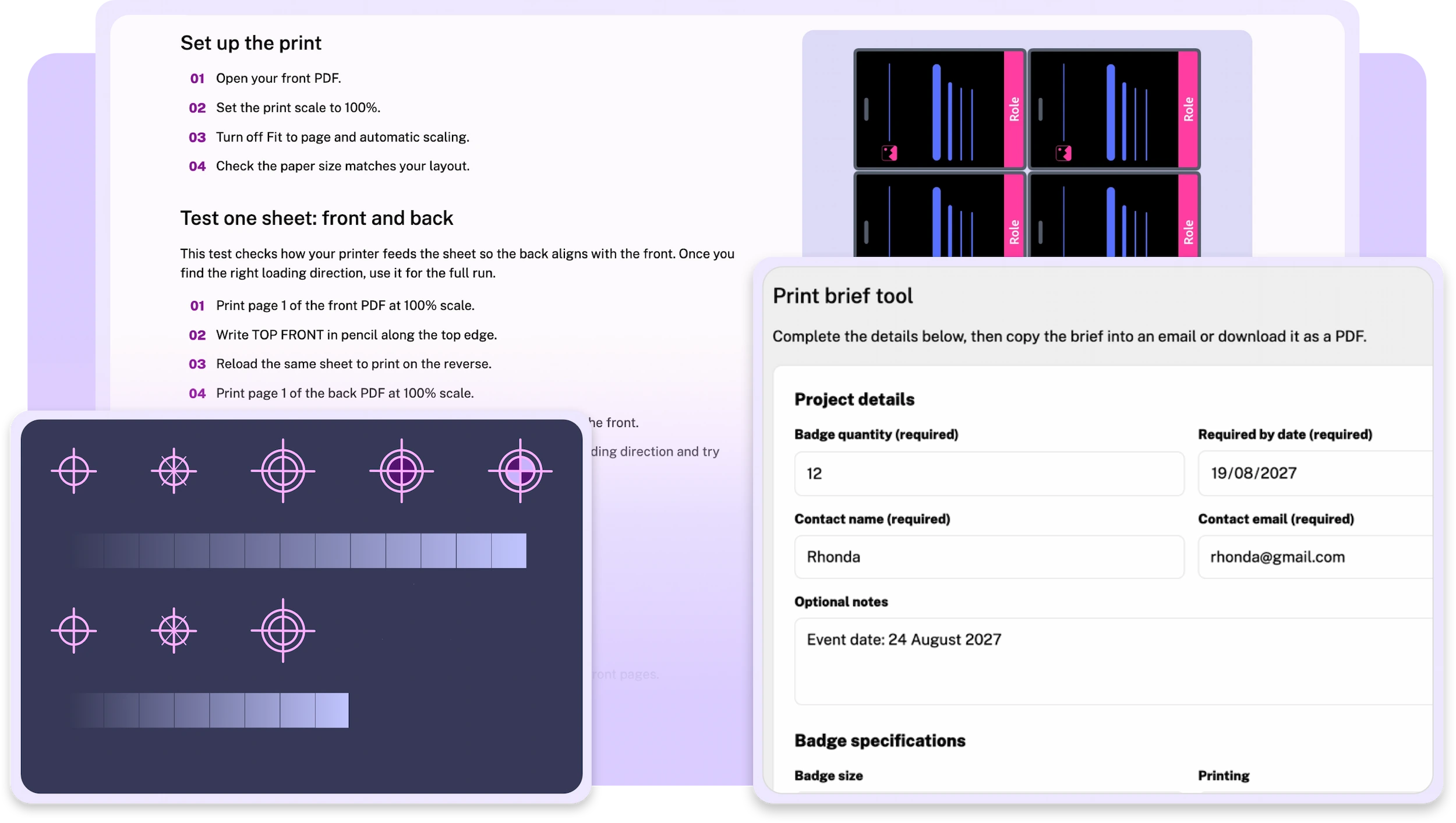 Print setup steps, a front and back test sheet, and the print brief tool