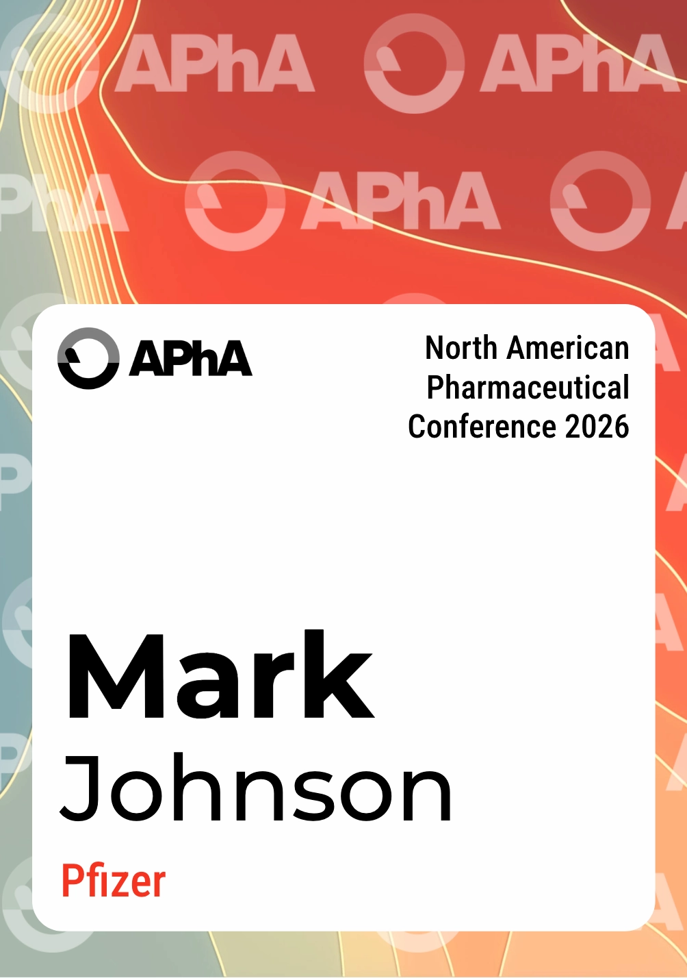 Pharmaceutical conference name badge with a white name panel on a coral patterned background