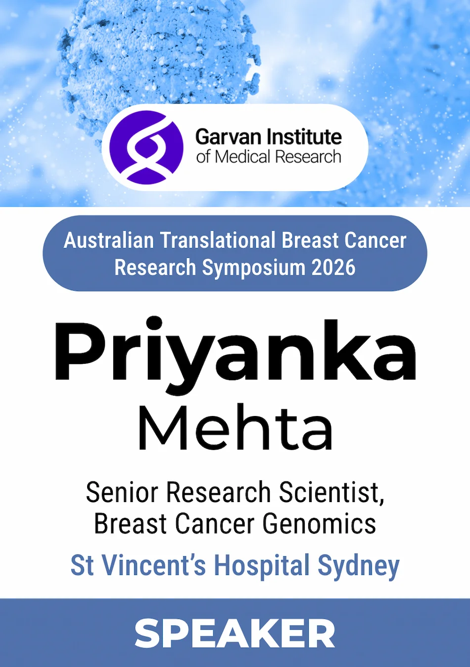 Medical research symposium badge with a photo header, blue event banner and speaker band