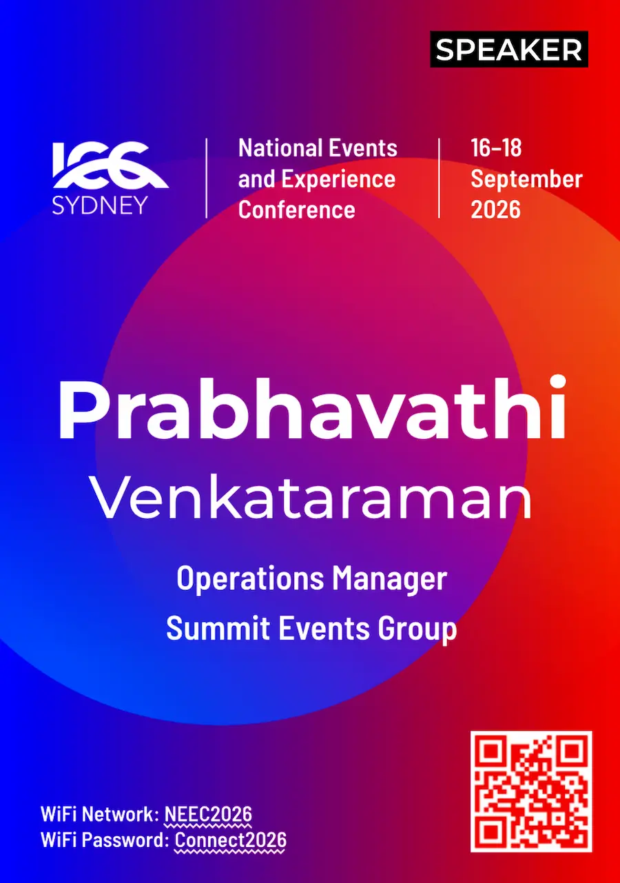 Speaker badge on a red and blue gradient with event details, QR code and WiFi information