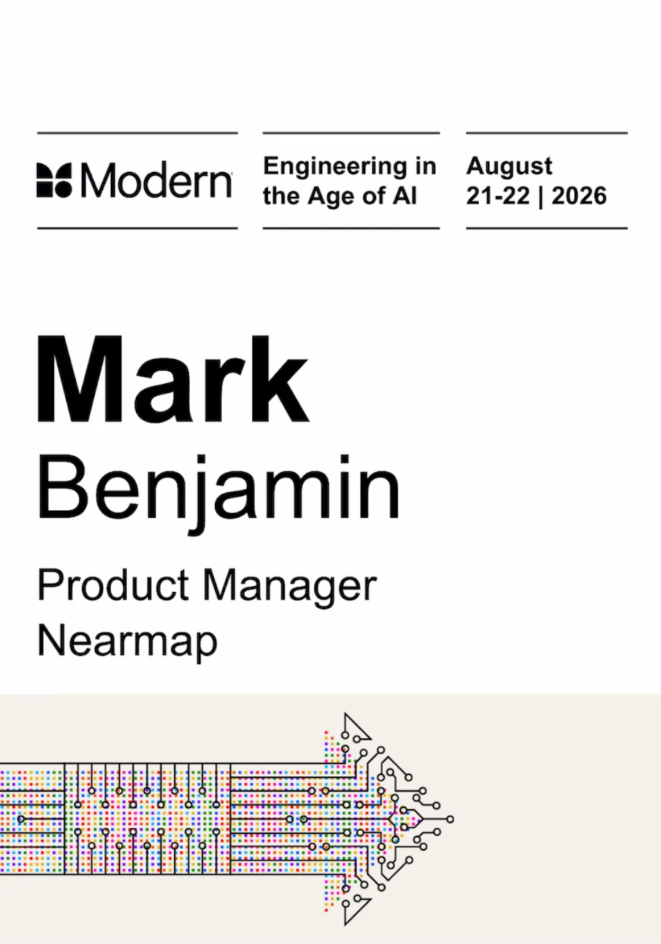 Left-aligned corporate event badge with an event details header and circuit-style graphic