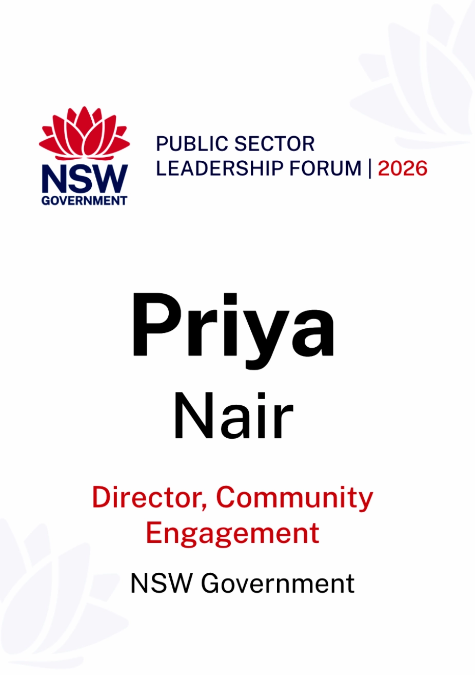 Government leadership forum name tag with a centred name, red job title and department