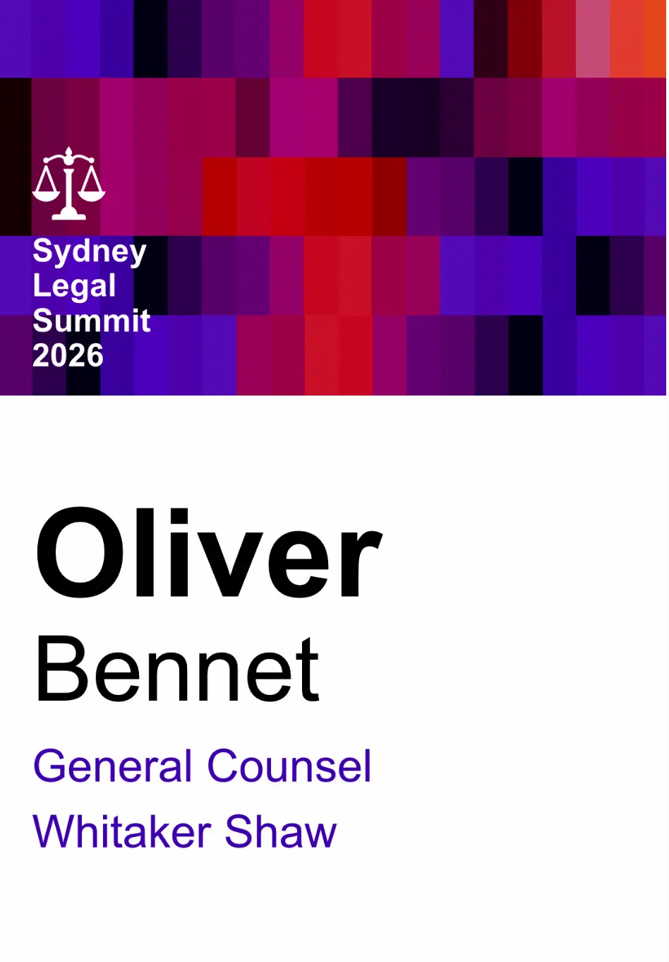 Legal summit name badge with a pixel-pattern header, bold name, role and firm