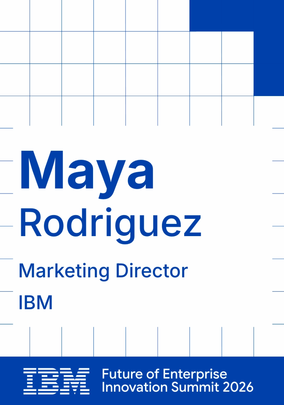 Blue and white corporate summit name tag with a grid pattern and branded footer band