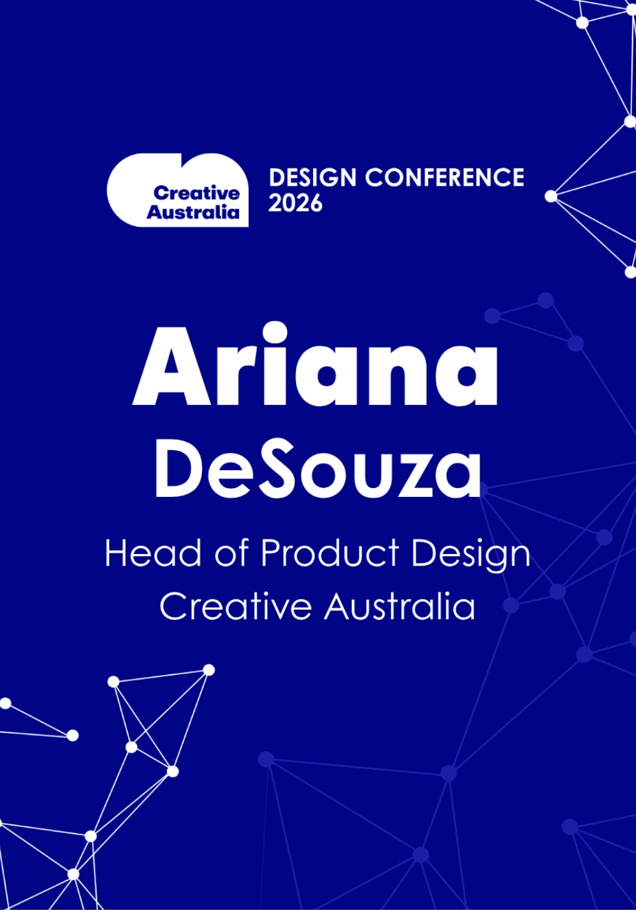 Navy design conference name tag with a centred white name and network line graphic
