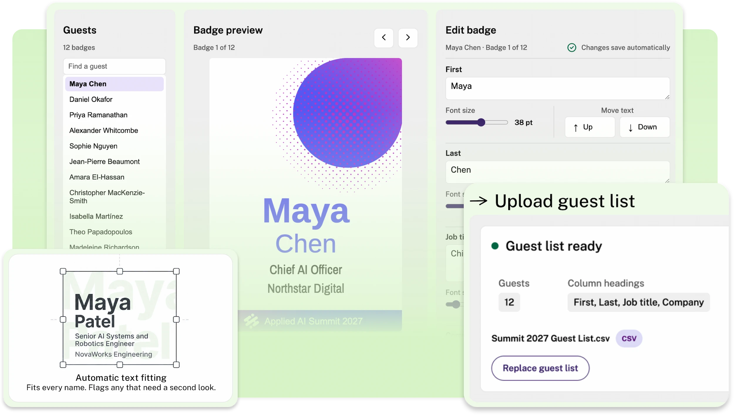Guest list uploaded and conference name badges created for every guest, with the badge editor open