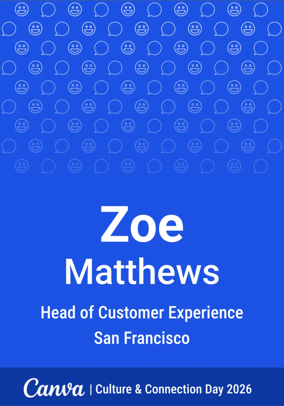 Bright blue event badge with a playful pattern, centred name and branded footer
