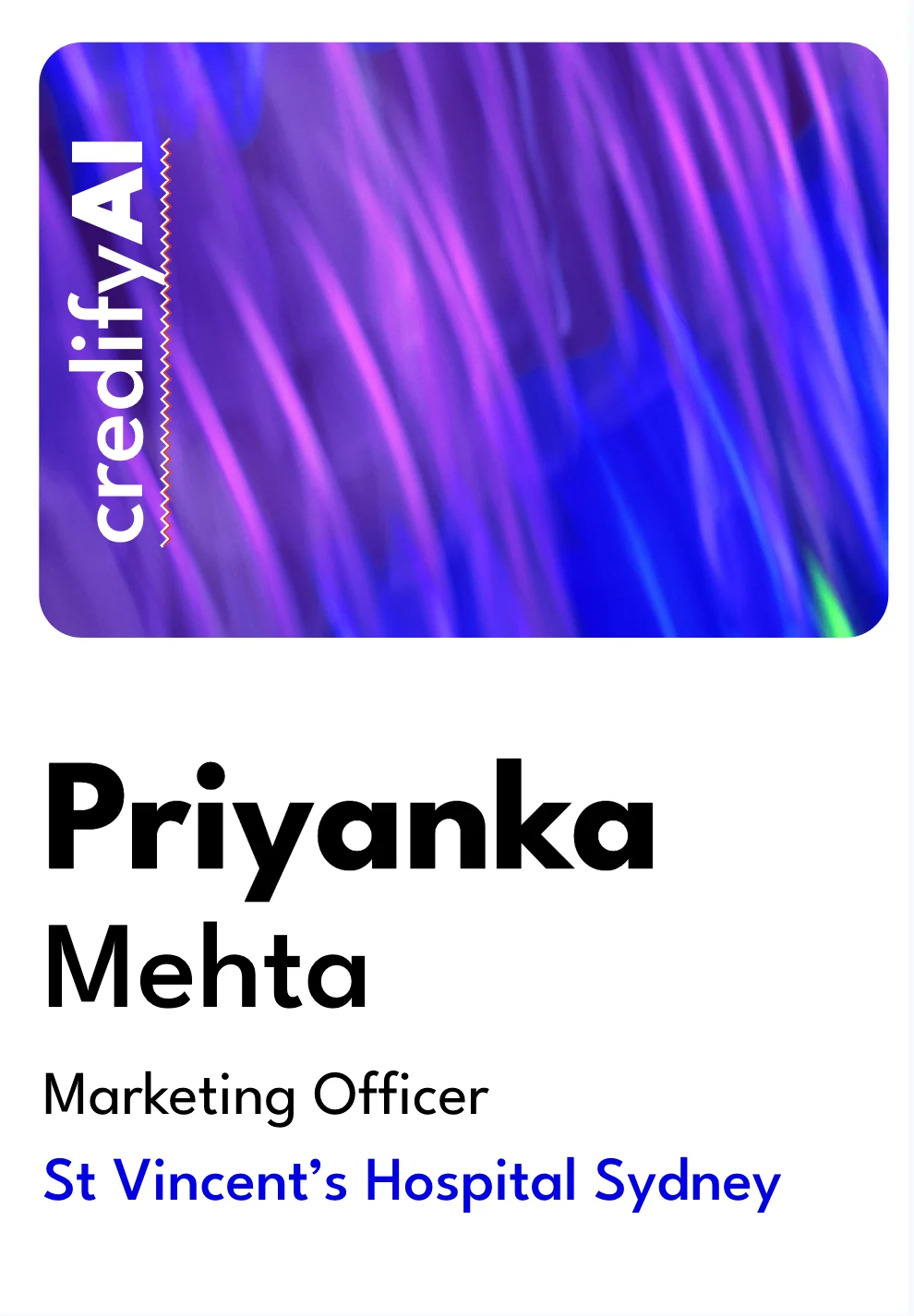 Professional event name badge with an abstract purple photo header and left-aligned name