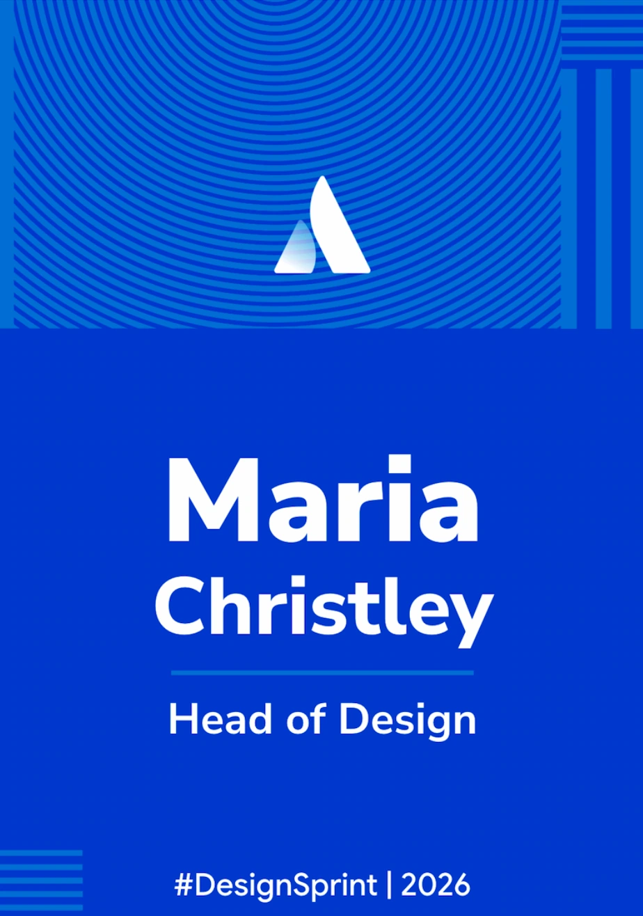 Blue design event name badge with a line pattern, centred name and role