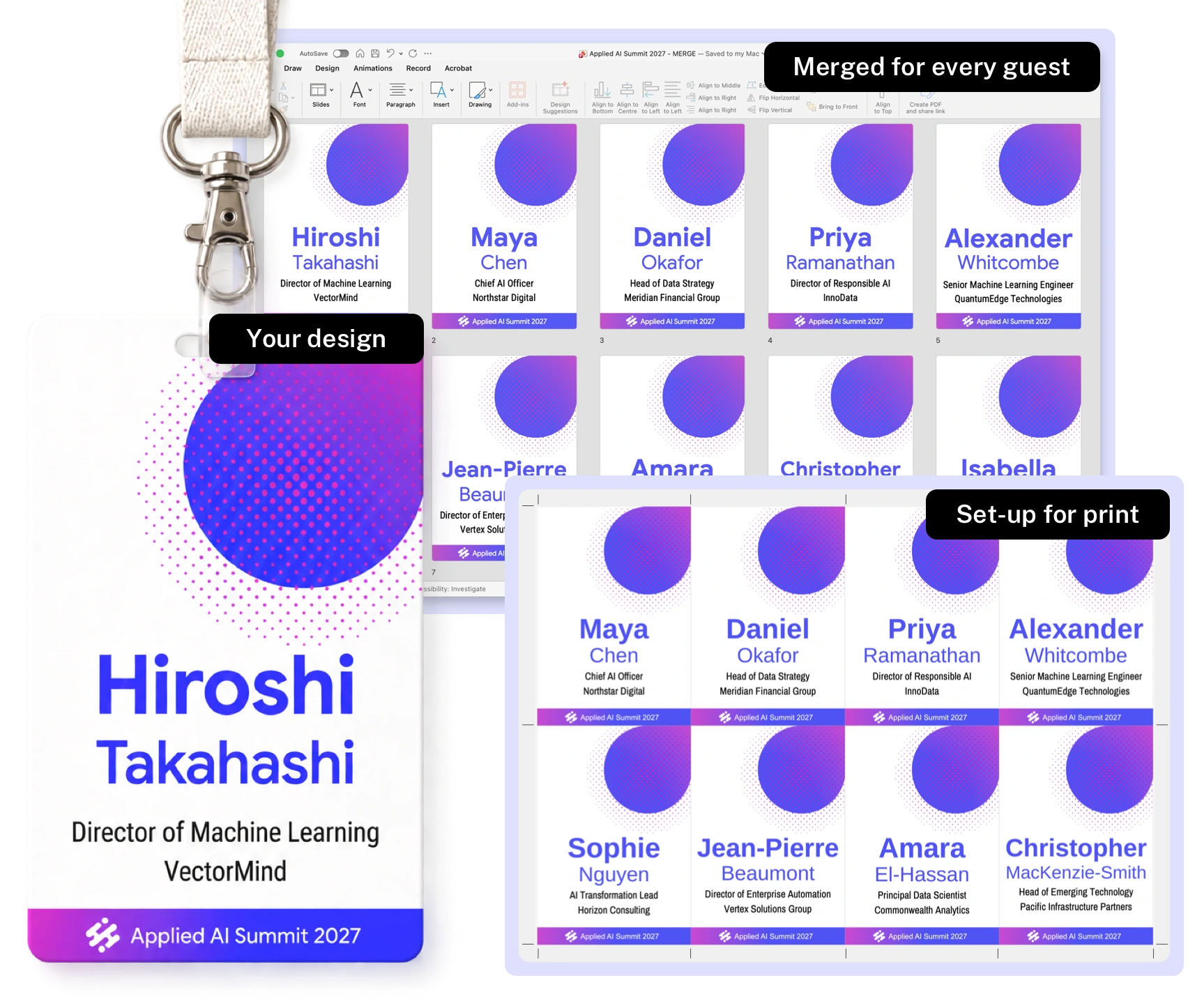 One conference badge template merged into a badge for every guest and set up on printable sheets